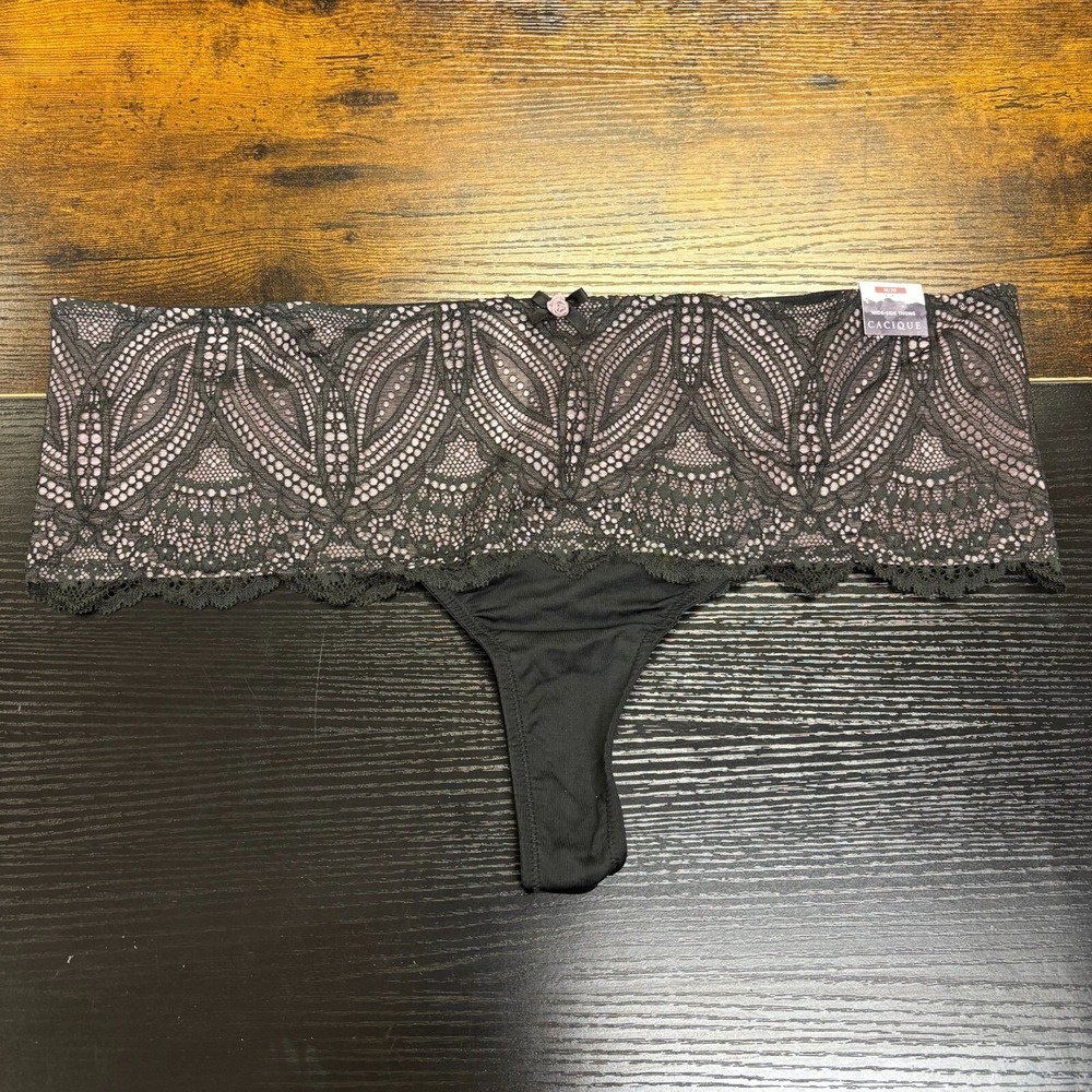 Cacique Wide-Side‎ Thong Panty Black Lace Lavender Mesh Rosette 18/20 NWT
